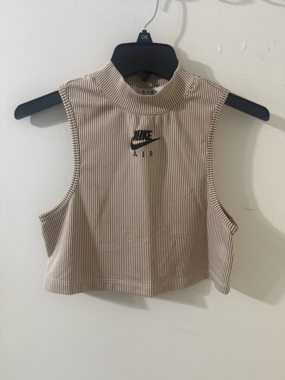 Nike Beige Ribbed Mock-Neck Crop Tank with Black Nike Air Logo